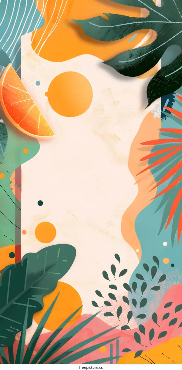 Tropical Leaves Illustration with Orange Slice and Abstract Shapes