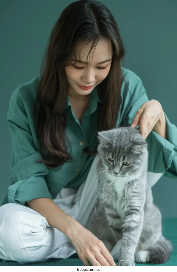 A woman is petting a cat