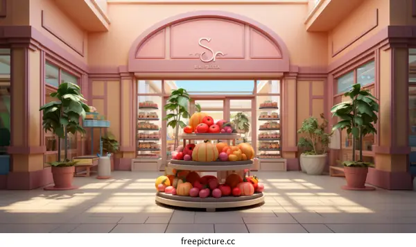 Interior of a Pink Grocery Store with a Variety of Fruits and Vegetables