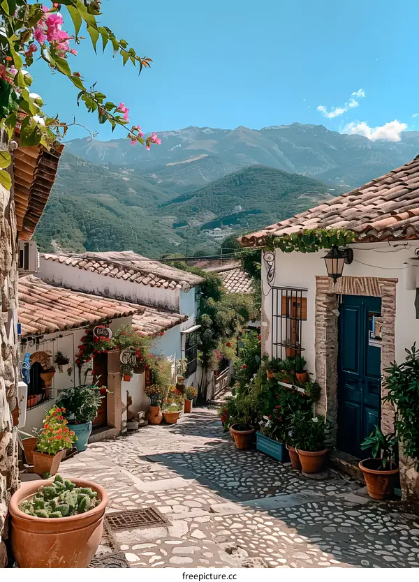 A Charming Cobblestone Street in a Mountain Village