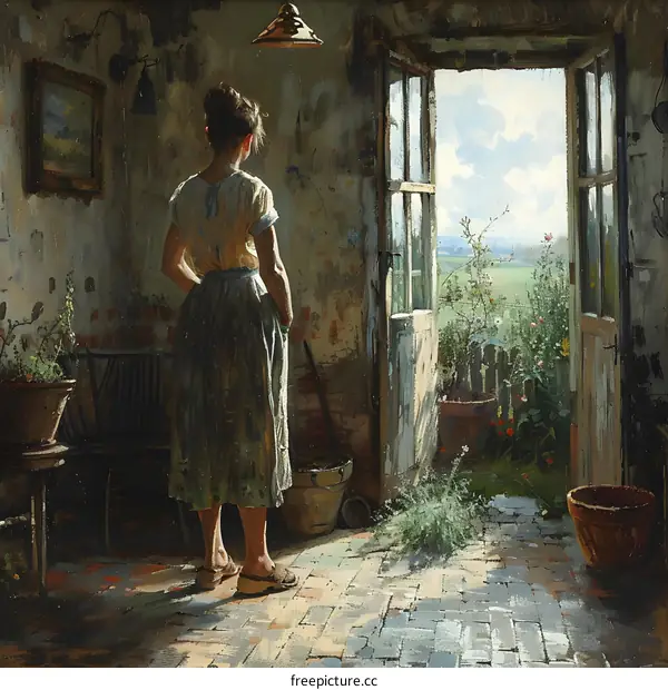 A woman standing in a doorway looking out at a field