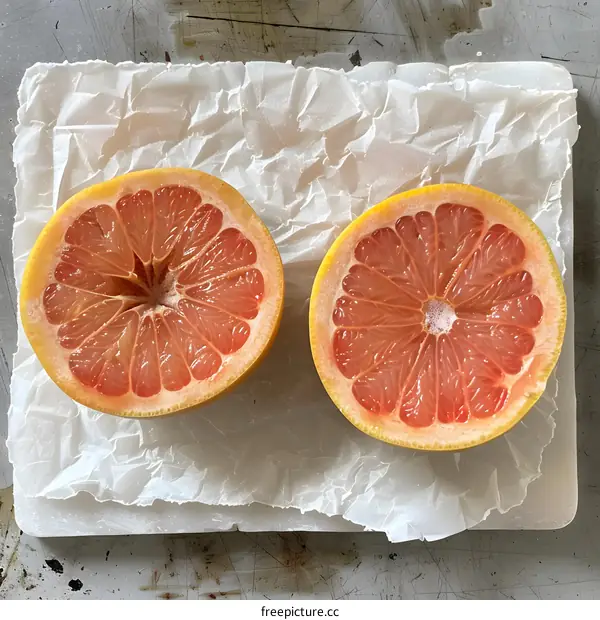 Two Halves of Pink Grapefruit on White Parchment Paper