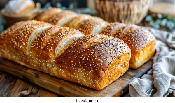 Loaf of bread with sesame seeds on a wooden board