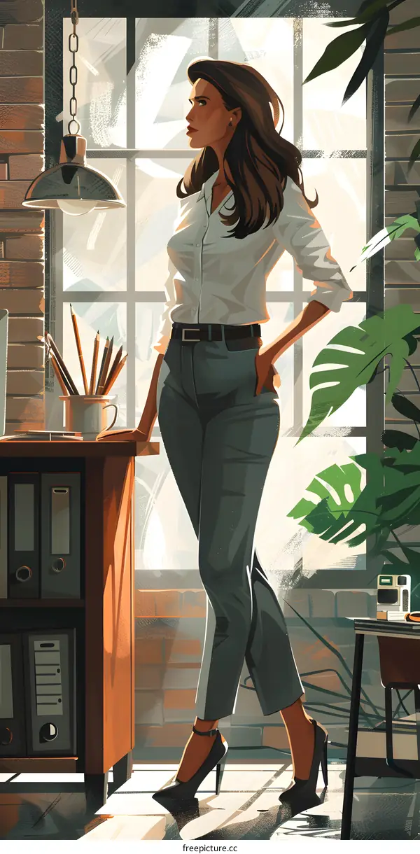 Business Woman with Window View and Plants