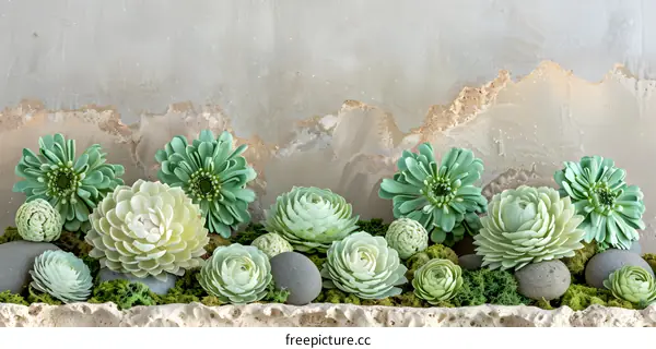Green Succulents and Rocks on a Stone Background