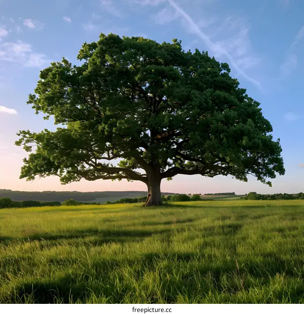 Large Oak Tree in Field with Green Grass and Blue Sky