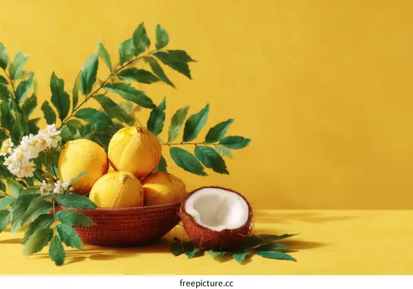 Tropical Fruits Still Life Composition on Yellow Background