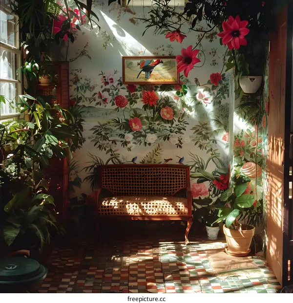 A sunlit room with a vintage floral wallpaper and a cane chair