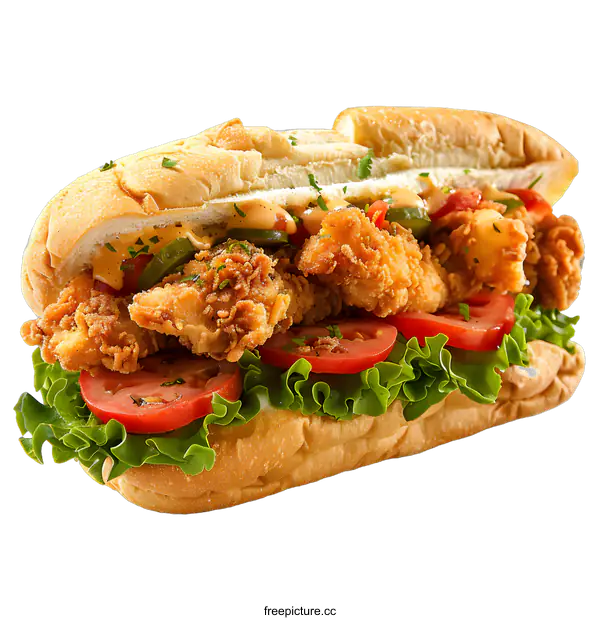 [Transparent Background PNG]Fried fish sandwich with lettuce tomato and pickles