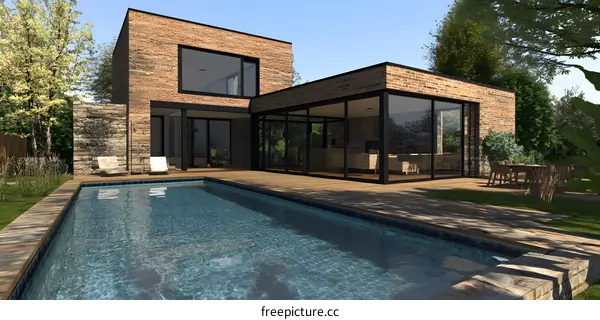 Modern Brick Home with Swimming Pool and Patio