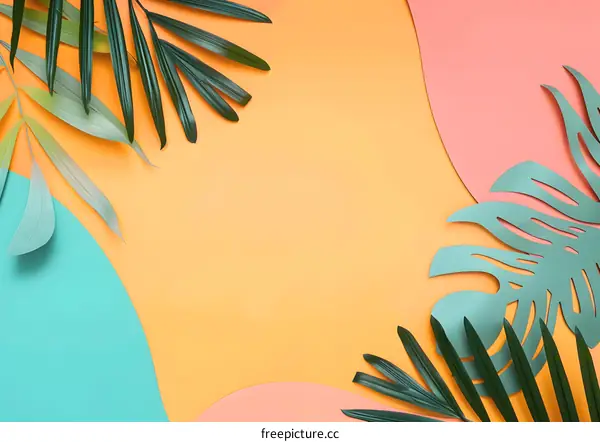 Tropical Leaves Background with Orange, Pink and Blue Color Palette