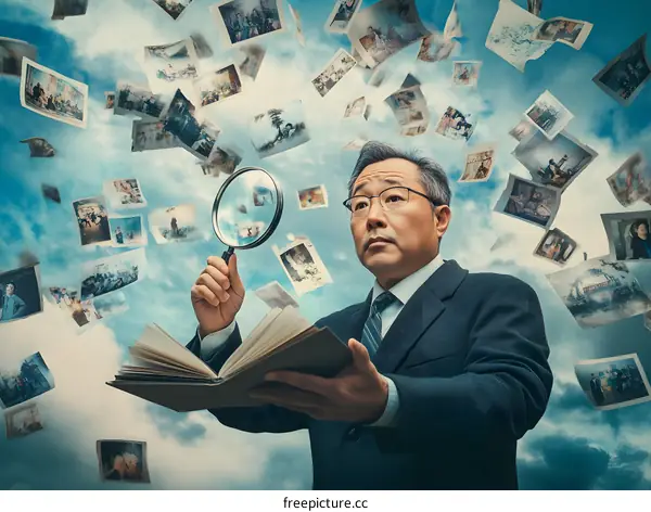 Man Holding Magnifying Glass Looking Through Old Photos
