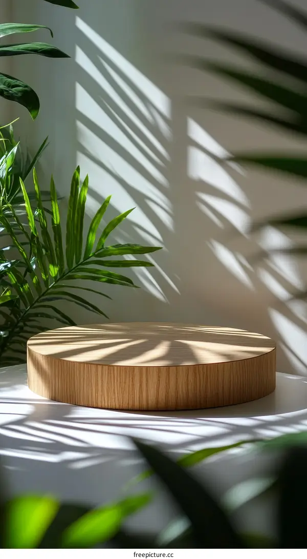 Wooden Display Platform with Tropical Plants and Shadows