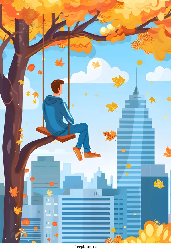 Man Sitting on Swing in Autumn City