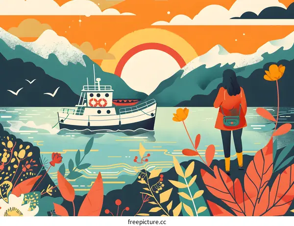 Woman Watching Sunset on a Boat Trip in Mountainous Landscape