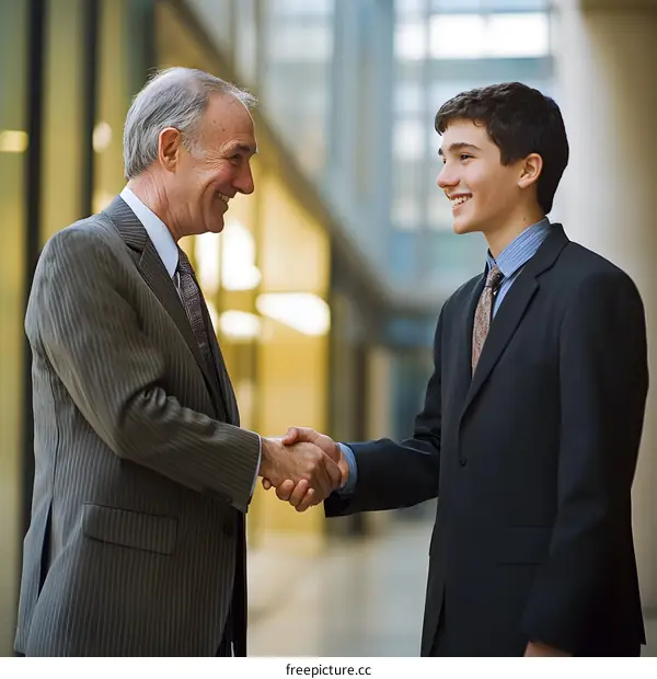 Two Businessmen Shaking Hands In A Modern Office Building