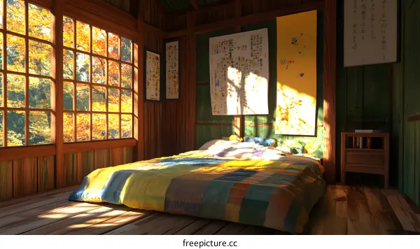 Japanese Style Bedroom with Large Window and Wooden Floor