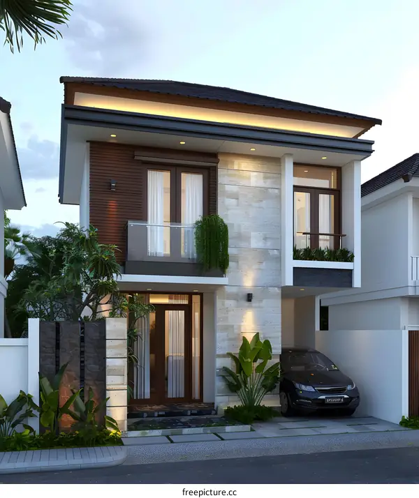 Modern Two Story House With Balcony And Car Parking