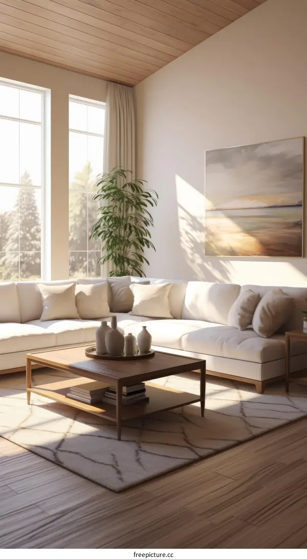 Airy Contemporary Living Room With Sectional Sofa and Large Windows