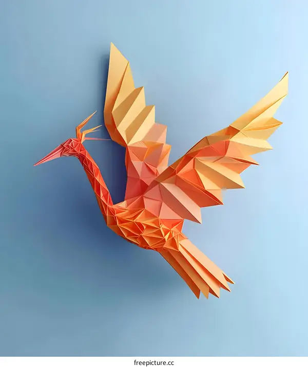 Origami Bird In Flight on Blue Background
