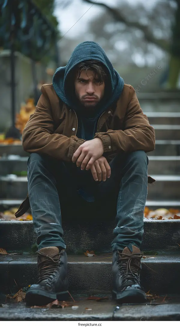 A man in a brown jacket and blue jeans is sitting on the steps.
