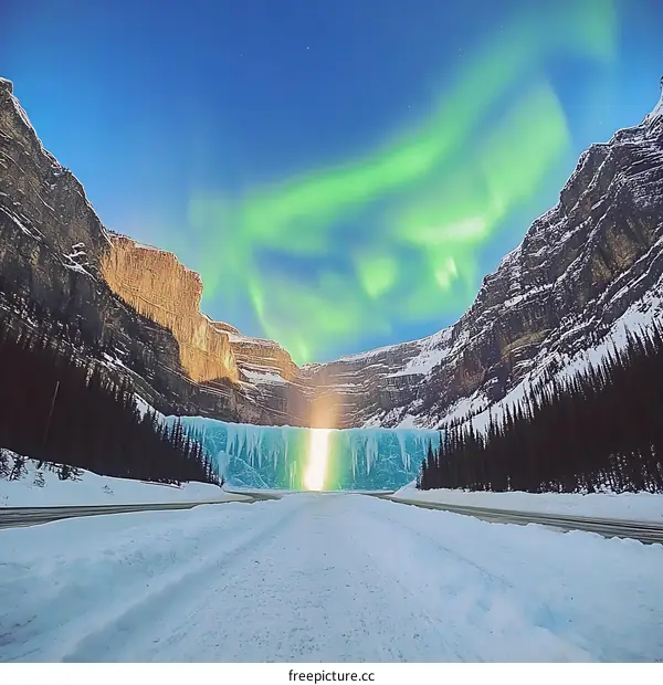 Frozen Waterfall With Northern Lights