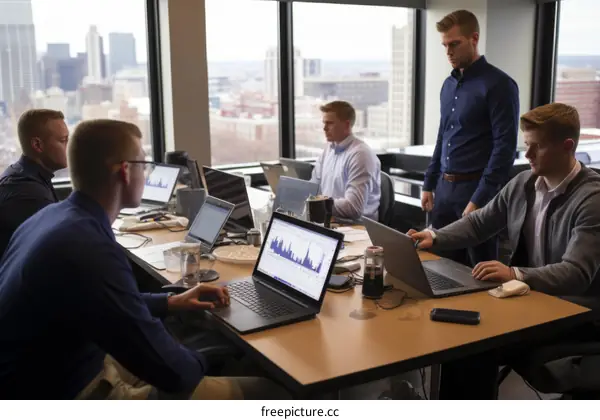 Focused young businessmen working together in a modern office