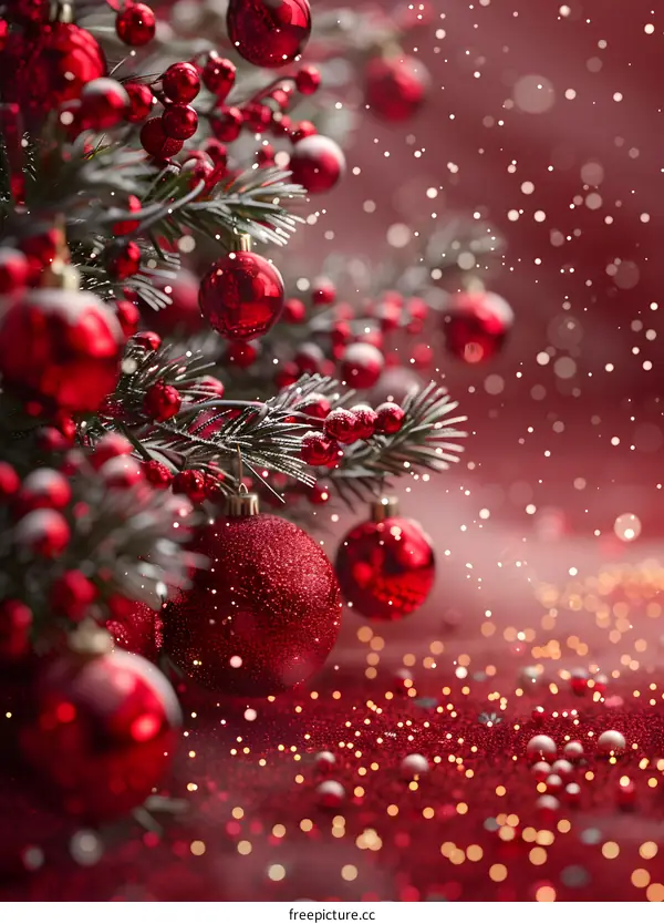 Christmas Tree With Red Ornaments And Snowflakes