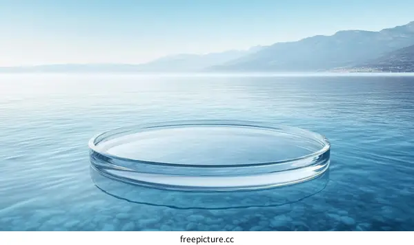 Transparent Circular Platform on Water with Mountain Background
