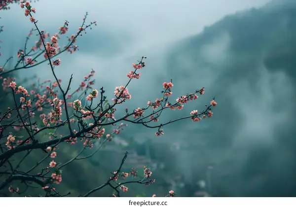 Peach Blossom Branch in Mist