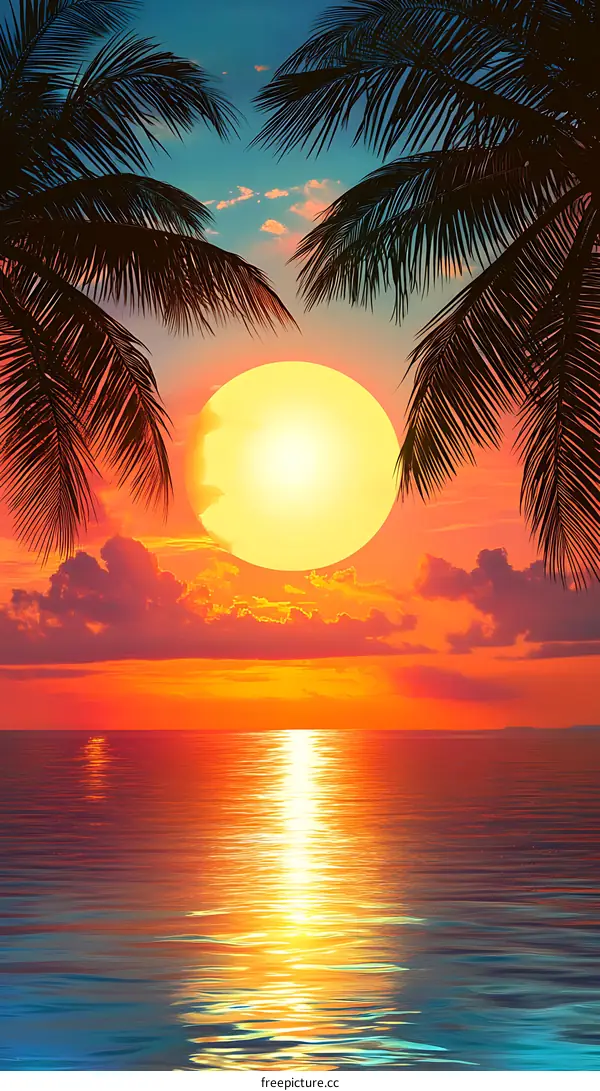 Tropical Sunset over the Ocean with Palm Trees