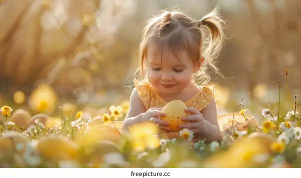 Little girl playing with Easter eggs in a field of flowers