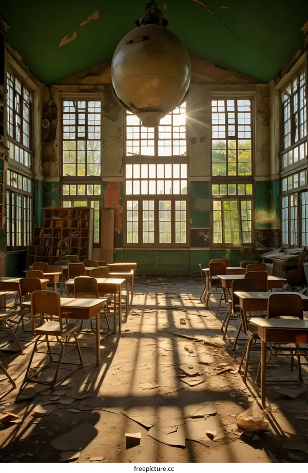 Rundown classroom with broken windows and chairs