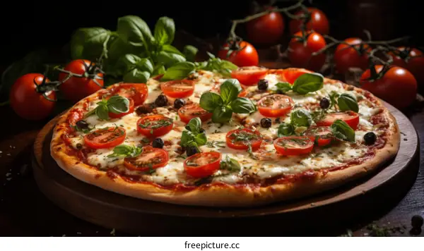 A delicious pizza with fresh tomatoes, basil, and mozzarella cheese