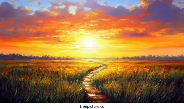 Sunrise Path Through Golden Fields
