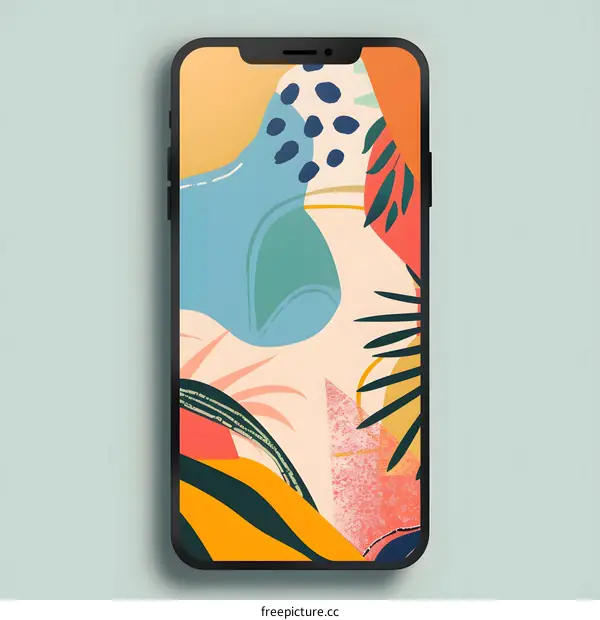 Abstract Mobile Phone Wallpaper With Tropical Leaves and Colorful Shapes