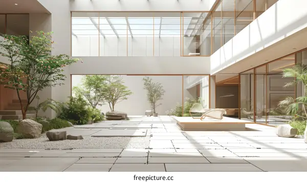 Courtyard with a Japanese Zen garden and a modern interior