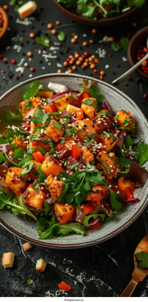Roasted sweet potato and red onion salad with parsley and sesame seeds