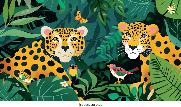 Two Cheetahs in the Jungle with Birds and Flowers