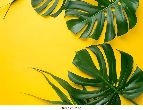 Green Monstera Leaves on Yellow Background