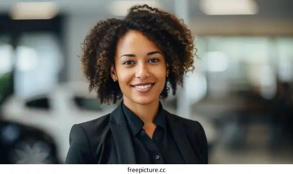 Portrait of a young African-American businesswoman smiling in a car dealership