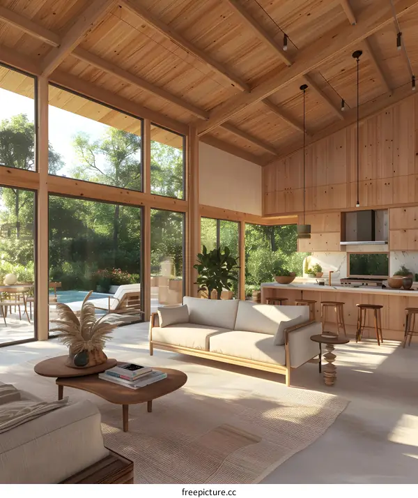 Modern Wooden Home Interior Design with Large Windows