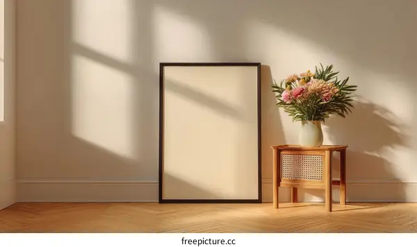 Empty Frame with Flowers and Wooden Side Table