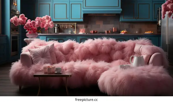 pink and blue kitchen with fur couch