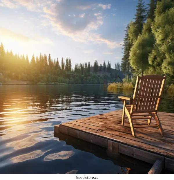 Wooden dock extending out into a calm lake with trees and mountains in the background