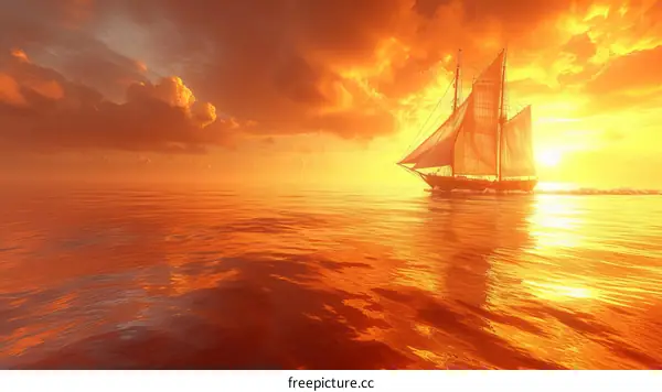 A beautiful sunset over the ocean with a large three masted ship in the foreground