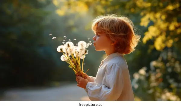 Child blowing dandelion seeds in nature