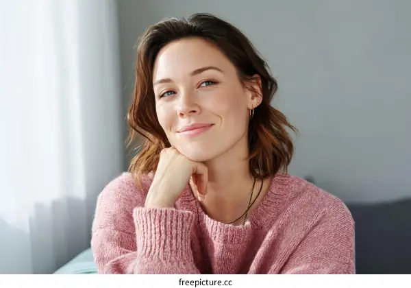 Smiling Woman in a Pink Sweater