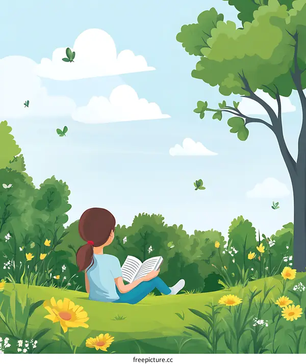 Young Girl Reading a Book in a Green Forest