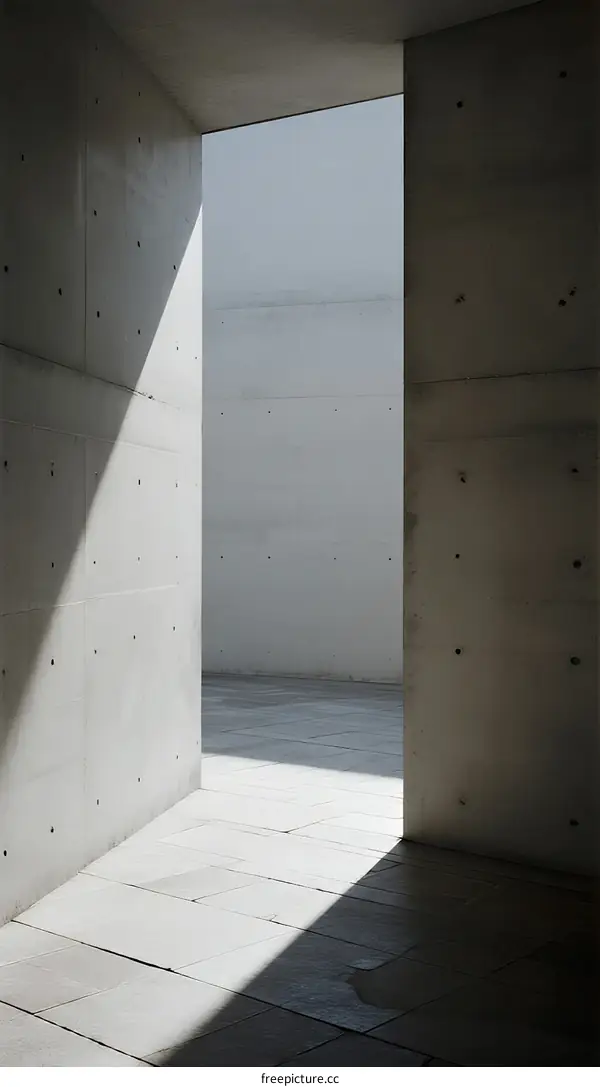Concrete wall corridor with bright light through open door
